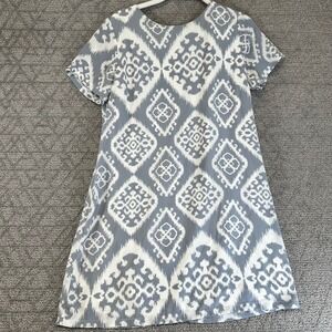 Lulus Women Size L Grey White Ikat‎ Print Short Sleeve Shift Dress